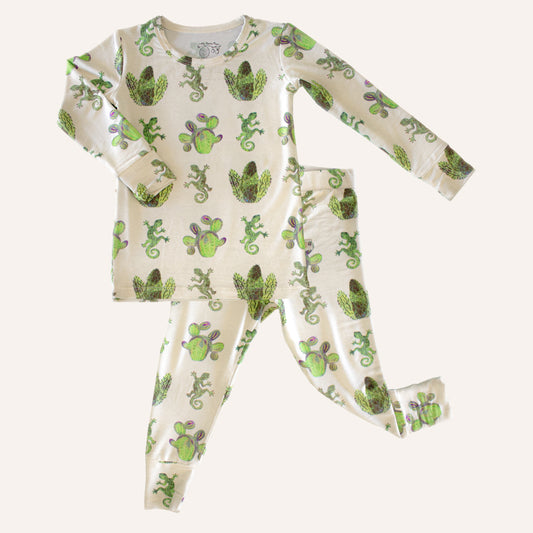Cactus & Lizard Print Two Piece Set | Cream Yellow